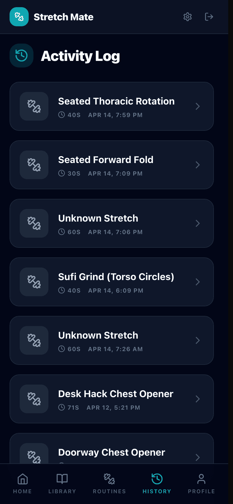 Stretch Mate interface screenshot